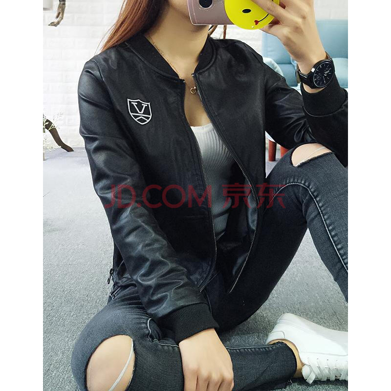 韩版春秋修身长袖棒球服女机车百搭pu皮衣小夹克圆领短款皮衣夹克 黑色 正版 L