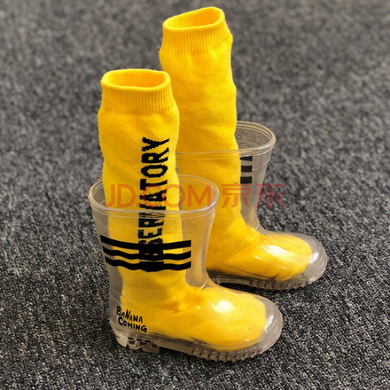 兒童雨鞋男童女童小孩水鞋膠鞋寶寶幼兒園小童小學生透明雨靴套鞋 黑色+透明 送黃色襪子 波浪款 27