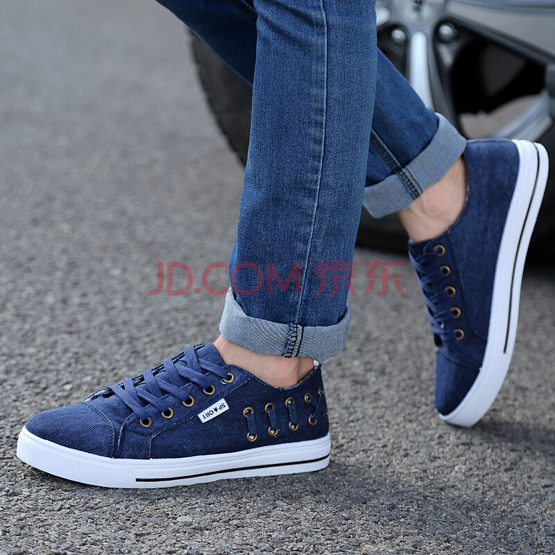 迪奇琳潮鞋时尚潮流男士帆布鞋韩版水洗牛仔布鞋男板鞋单鞋子 深蓝色