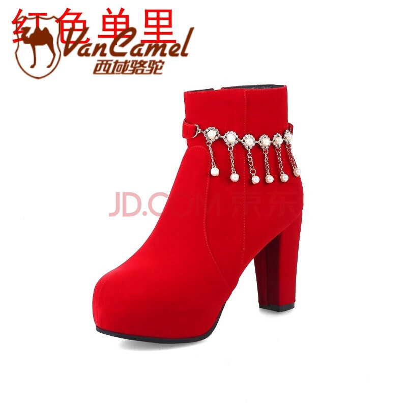 西域駱駝秋冬季新款婚鞋女紅色加絨保暖短靴粗跟結婚紅鞋女高跟防水臺馬丁靴新娘婚靴伴娘鞋 紅色薄絨 37