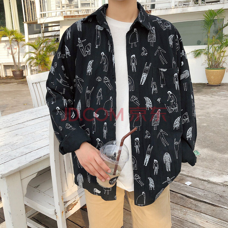 南方有乔木陈伟霆时樾李现常剑雄同款夏季印花长袖衬衫衣服 黑色 L
