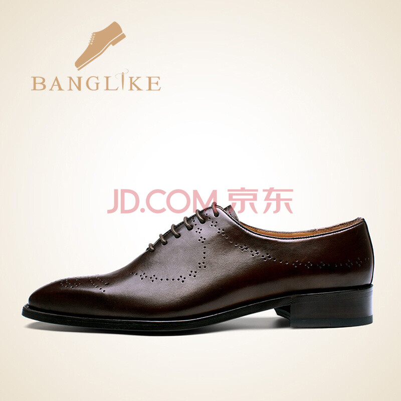 BANGLIKE 固特异男鞋手工定制真皮方头商务正装手绘布洛克雕花系带男士皮鞋 深咖色+内支线工业 36