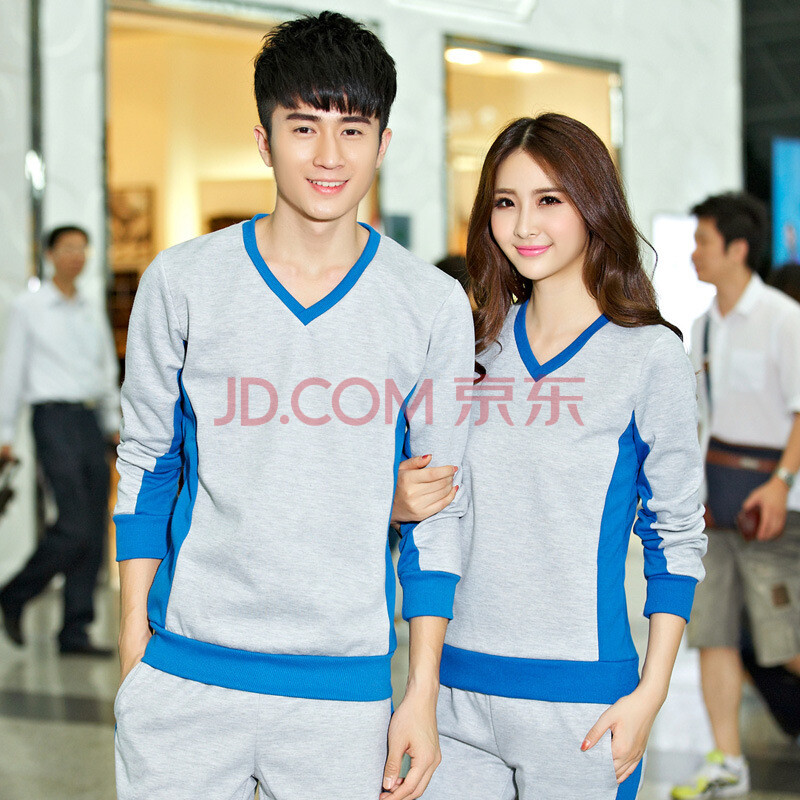 2016春季薄款情侣套装 长袖v领休闲运动服套装男女修身晨练跑步以纯色
