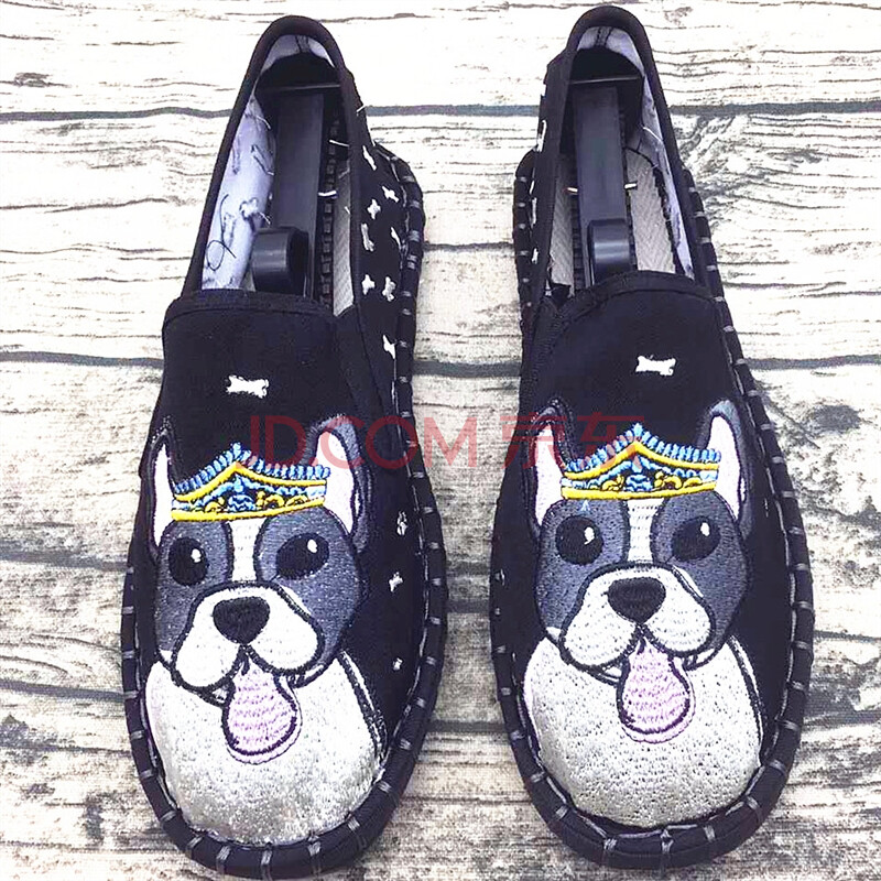 刺繡布藝春秋老北京刺繡布鞋男精神小伙快手同款社會帆布鞋休閑鞋 中國風開車駕車鞋 夏季透氣 黑色 斗牛狗 42