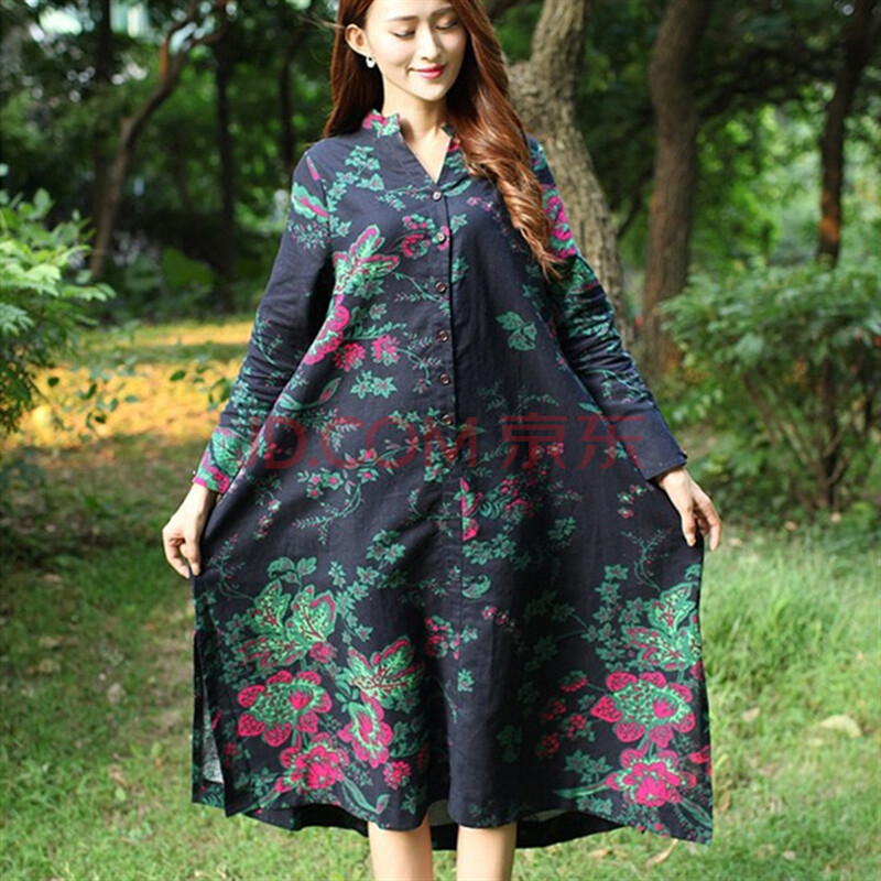 芮婕服装店*民族风 2015新款大码棉麻印花长袖连衣裙
