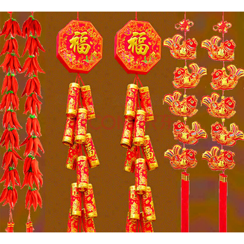 红辣椒 烫金鞭炮五彩鱼福袋挂件 元旦新年装饰挂饰 春节喜庆用品 鞭炮