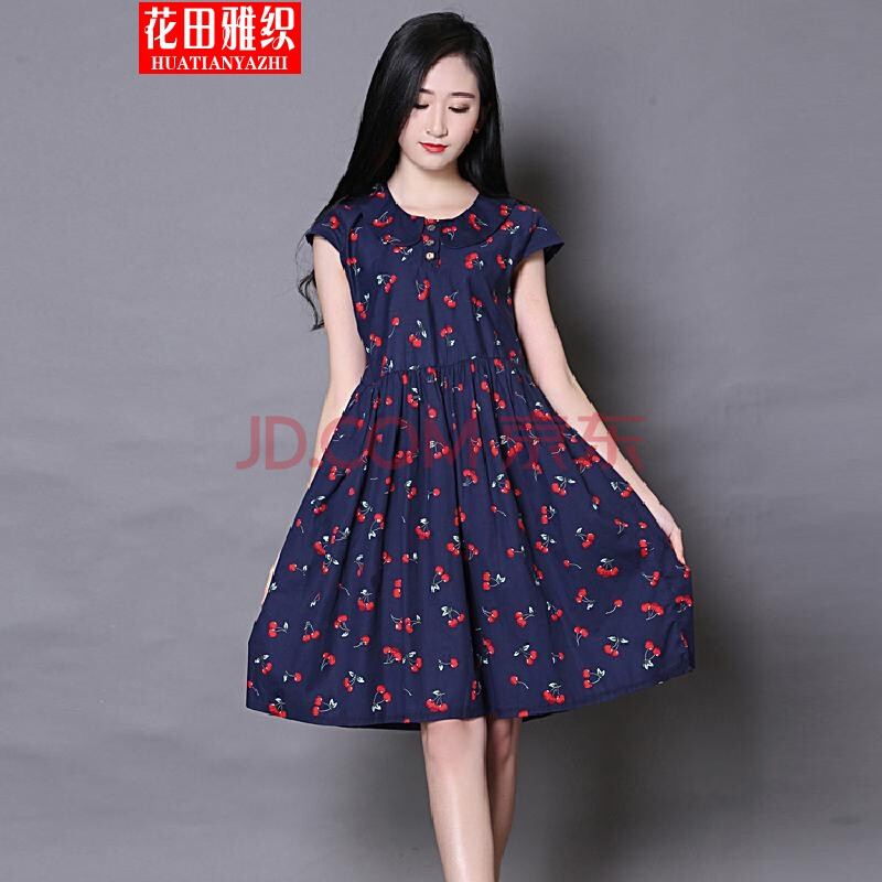花田雅织2016夏大码森女文艺小清新樱桃印花棉布短袖宽松连衣裙c5 深