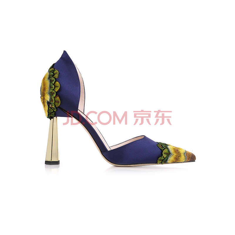 sheme 女士 明星同款秦岚迎风孔雀羽刺绣高跟鞋 藏蓝色 38