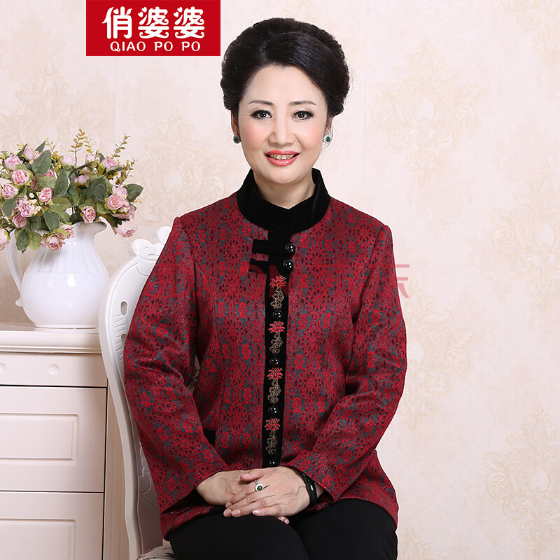 俏婆婆中老年女装外套中年妈妈春秋装开衫长袖大码端庄上衣外套 红色