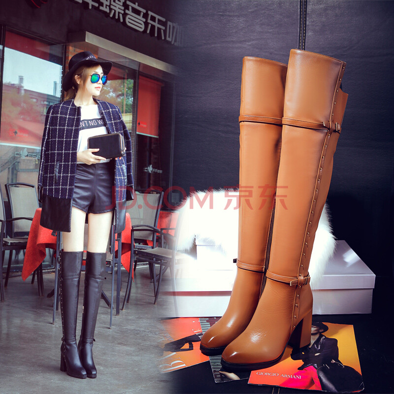 真皮高筒靴女高跟粗跟女靴方头牛皮修腿时尚马丁靴过膝长靴铆钉靴子潮