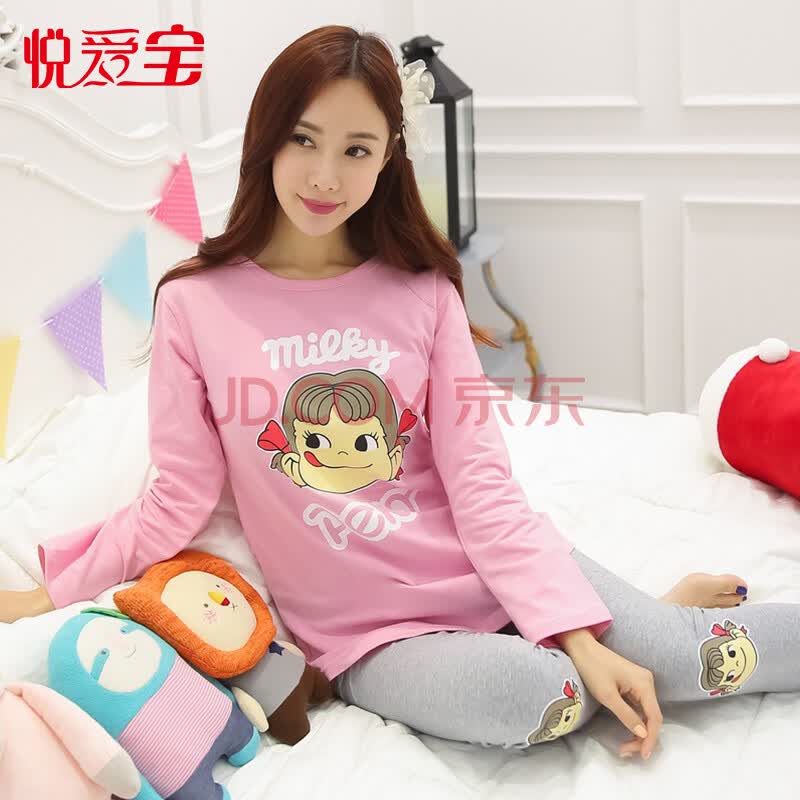 长袖卡通娃娃头棉质女士睡衣可外出家居服女套装 粉色 女款170(xl)