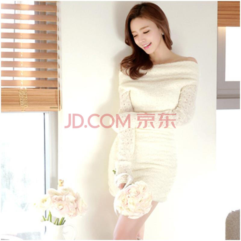 2015秋冬新款女装韩版品质性感一字领露肩修身长袖毛衣连衣裙 米白色