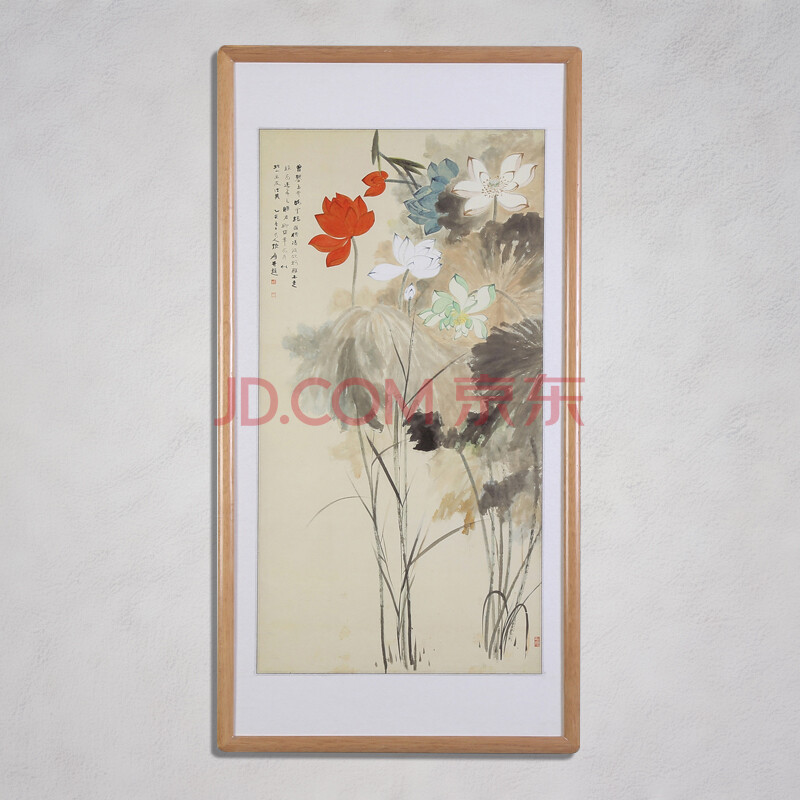 景怡 五色荷花国画山水画 办公室靠山图风水画 竖幅客厅挂画装裱带框