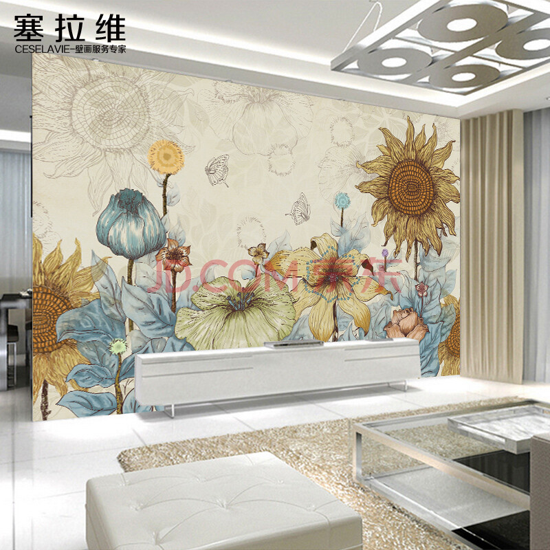 电视背景墙壁纸客厅影视墙墙布手绘油画向日葵墙纸无缝壁画壁布定制