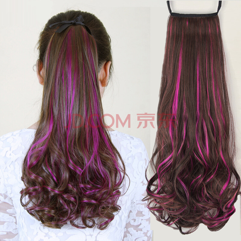 假发马尾 假发长卷发 女士绑带式大波浪挑染渐变彩色