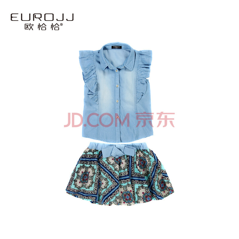 欧恰恰女童套装新款童装中大童2016夏装牛仔短袖印花短裙两件套 蓝色