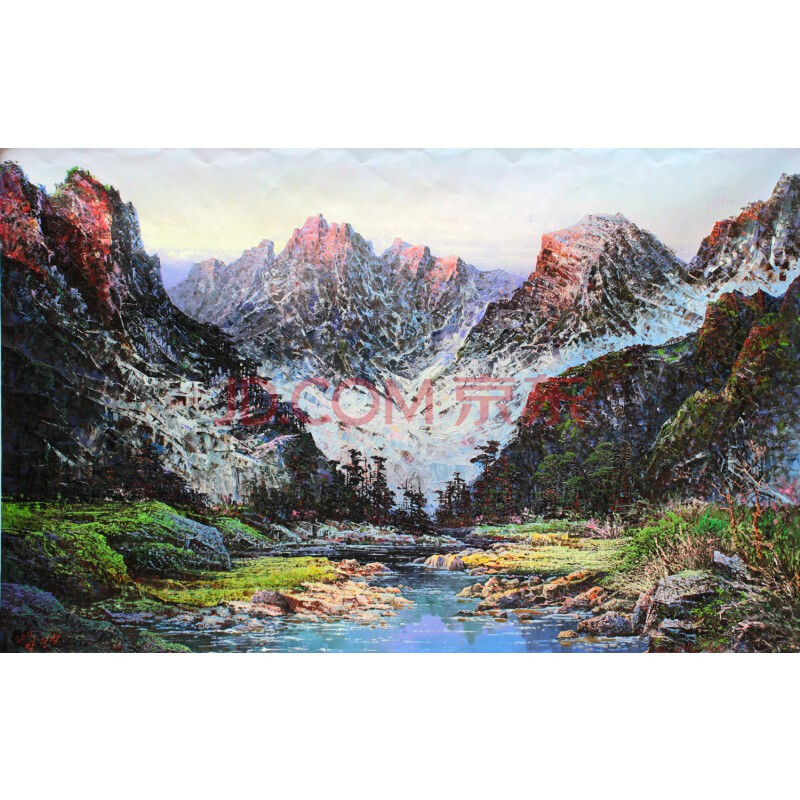 平壤美术创作社 朴贤成《雪山风景》朝鲜油画【白头山