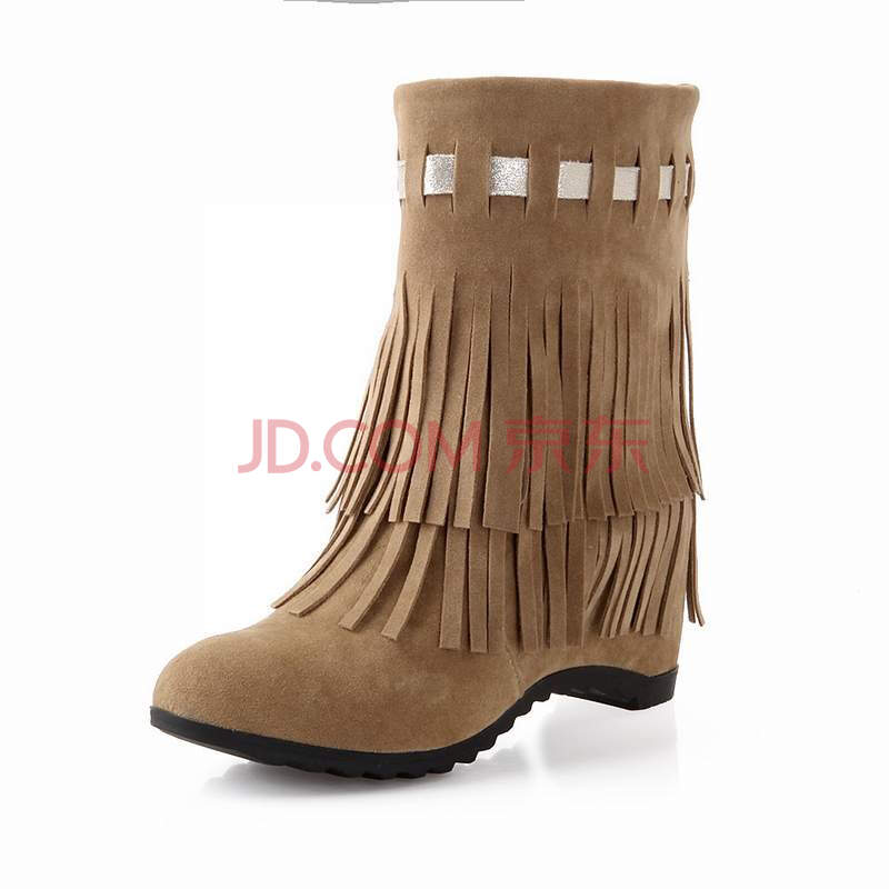 诗婷春秋冬季女鞋新款流苏靴磨砂皮短靴子平跟平底雪地靴大码鞋 棕色