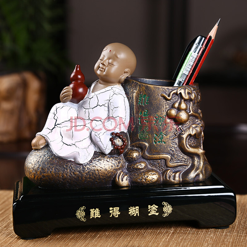 雕塑小沙弥笔筒摆件+禅意书房摆件办公桌摆件