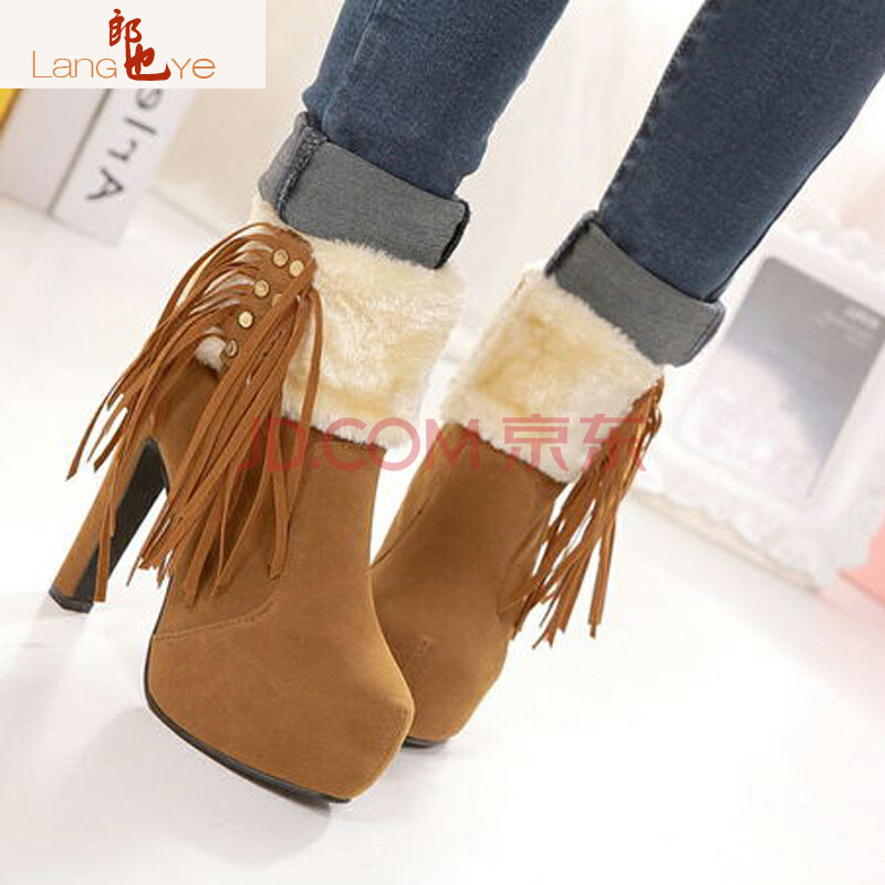 年秋冬季新款韩版女靴粗跟高跟绒面圆头流苏短靴及踝靴鞋子925-1 棕色