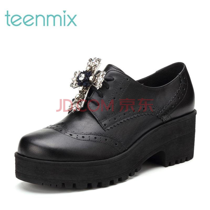 Teenmix/天美意春季牛皮女單鞋圣冠十字6JP53AM7 黑色 34