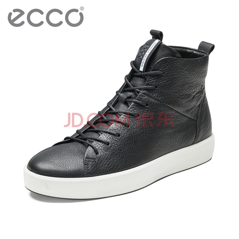 ECCO爱步 时尚青年高帮牛皮系带休闲男鞋 轻便舒适透气防滑板鞋男 柔酷8号440554 黑色44055401001 41
