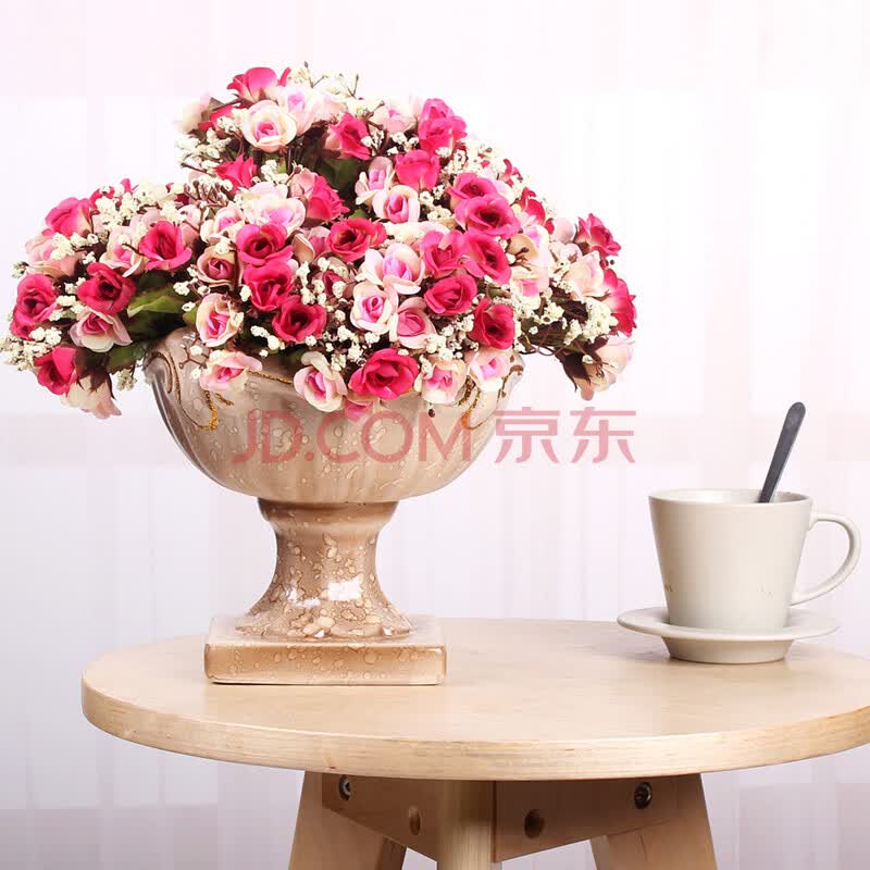 琪特 欧式陶瓷花瓶花盆摆件带仿真花插花 古典高脚满天星玫蕾玫粉10束