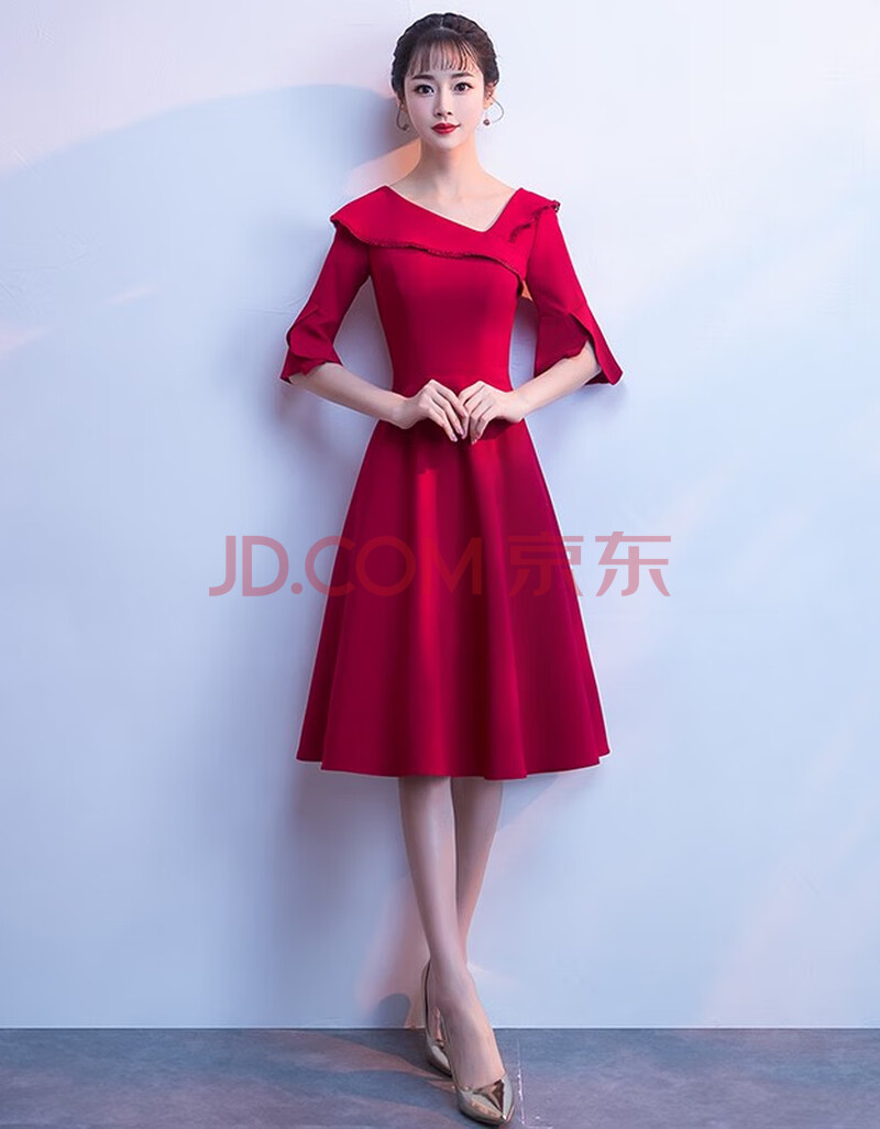 敬酒服酒红色新娘礼服长袖秋冬平时可穿回门便装结婚订婚衣服回门 酒