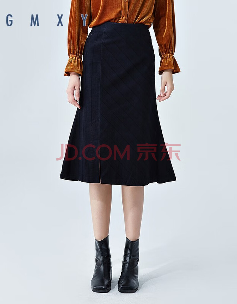 古木夕羊gmxy冬季新款女士鱼尾裙半身裙中长裙纯色青褐170xl