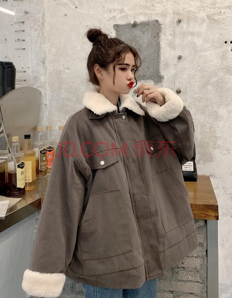 羊羔毛工装港风棉衣棉服学生秋冬季外套女潮ins超火韩版宽松森系 深