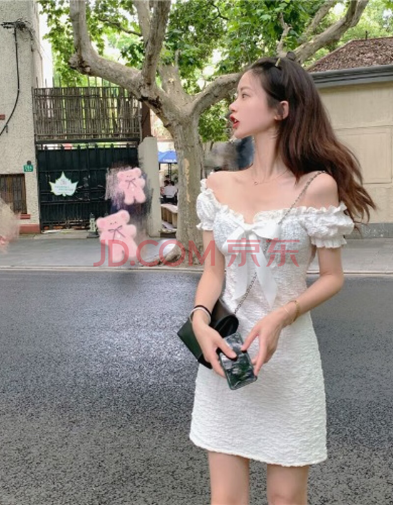 玖维娅 气质女神范新款性感一字领露肩修身连衣裙女夏闺蜜装褶皱衬衫