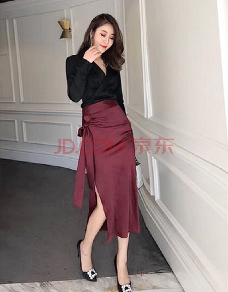 缎面开叉半身裙女黑色开叉缎面半身裙女夏高腰丝滑包臀性感中长款显瘦