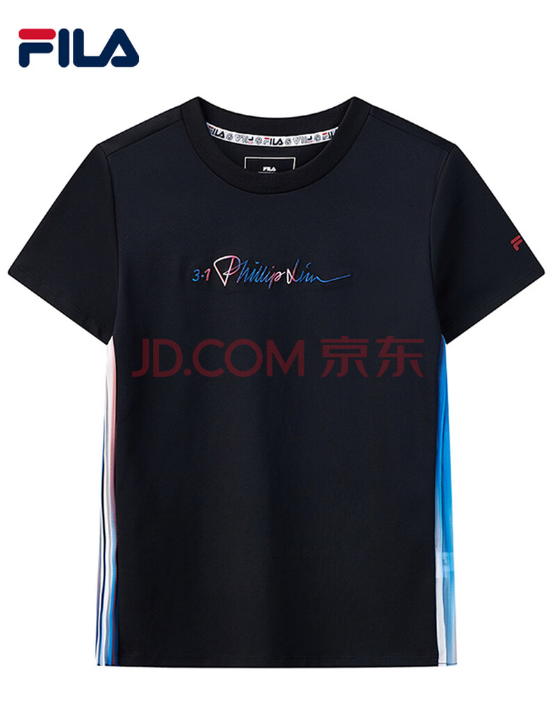 fila 斐乐女装官方 女士短袖t恤2021年夏季新款条纹圆领肤运动上衣