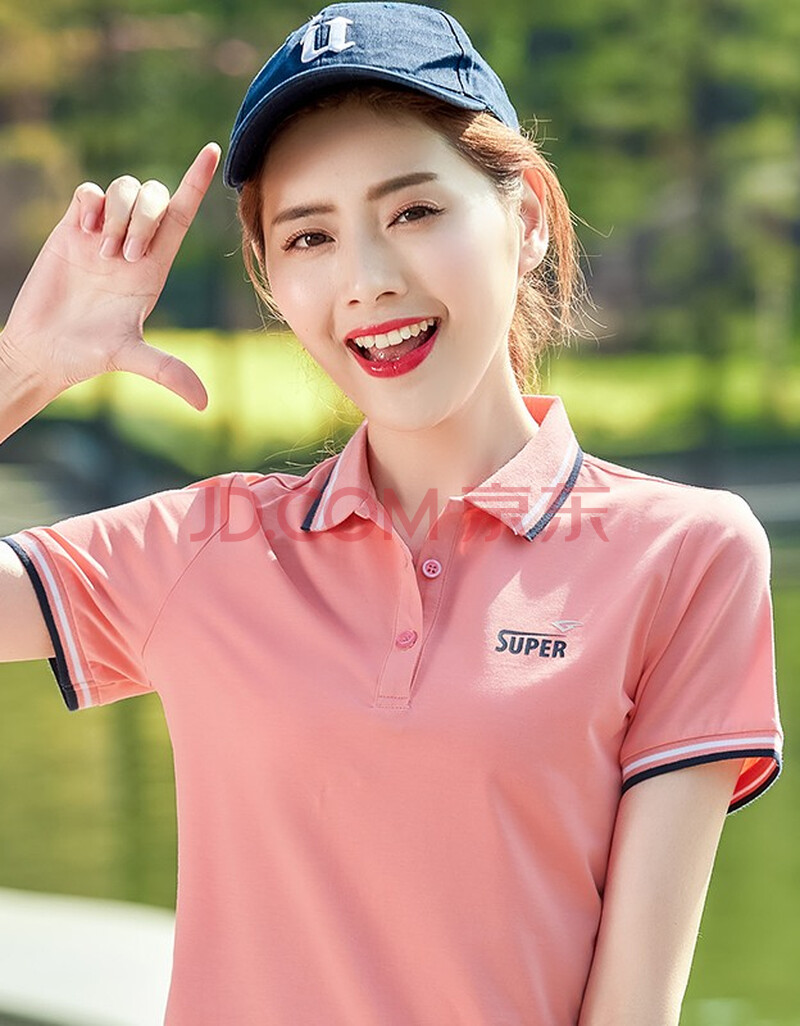 咪翻领短袖女2021新款夏季女装带领t恤宽松大码女士运动polo衫 粉色
