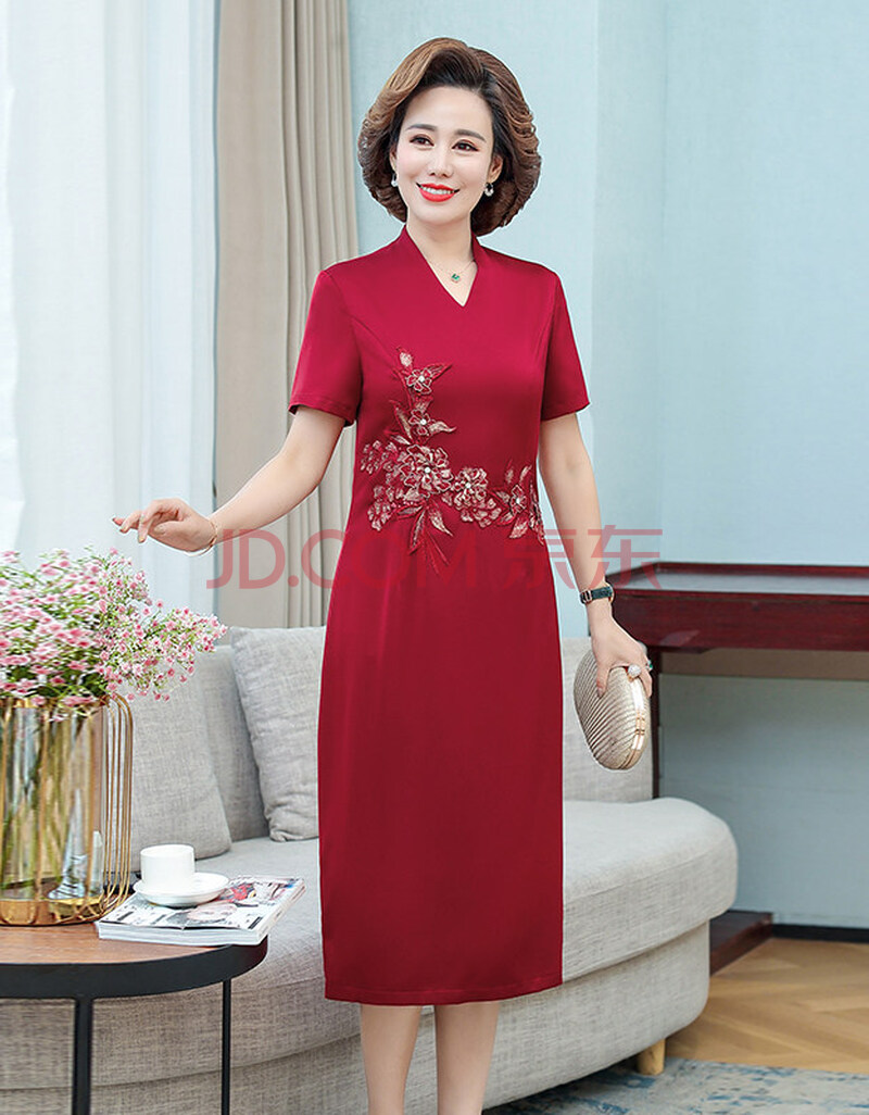贺世哲 婆婆装婚礼服夏季妈妈装高端绸缎短袖喜庆喜婆婆婚礼婚宴礼服