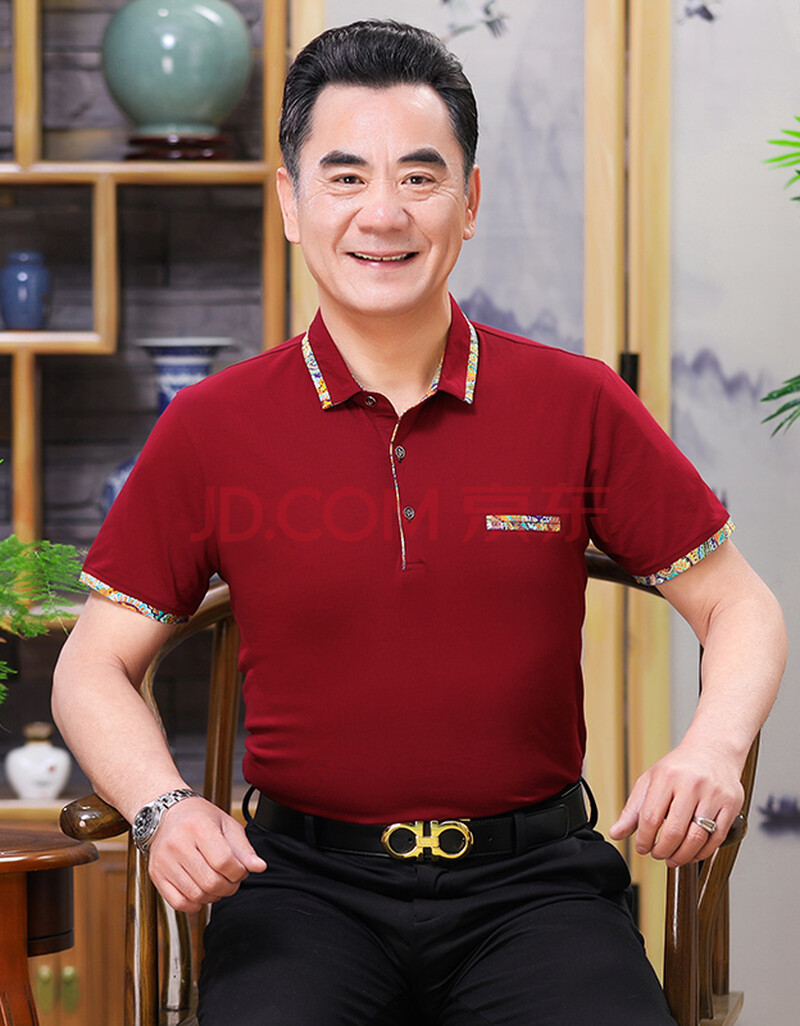 棉t恤男夏中年人夏季衣服中老年人男士夏装男装爷爷上衣 d1023红色