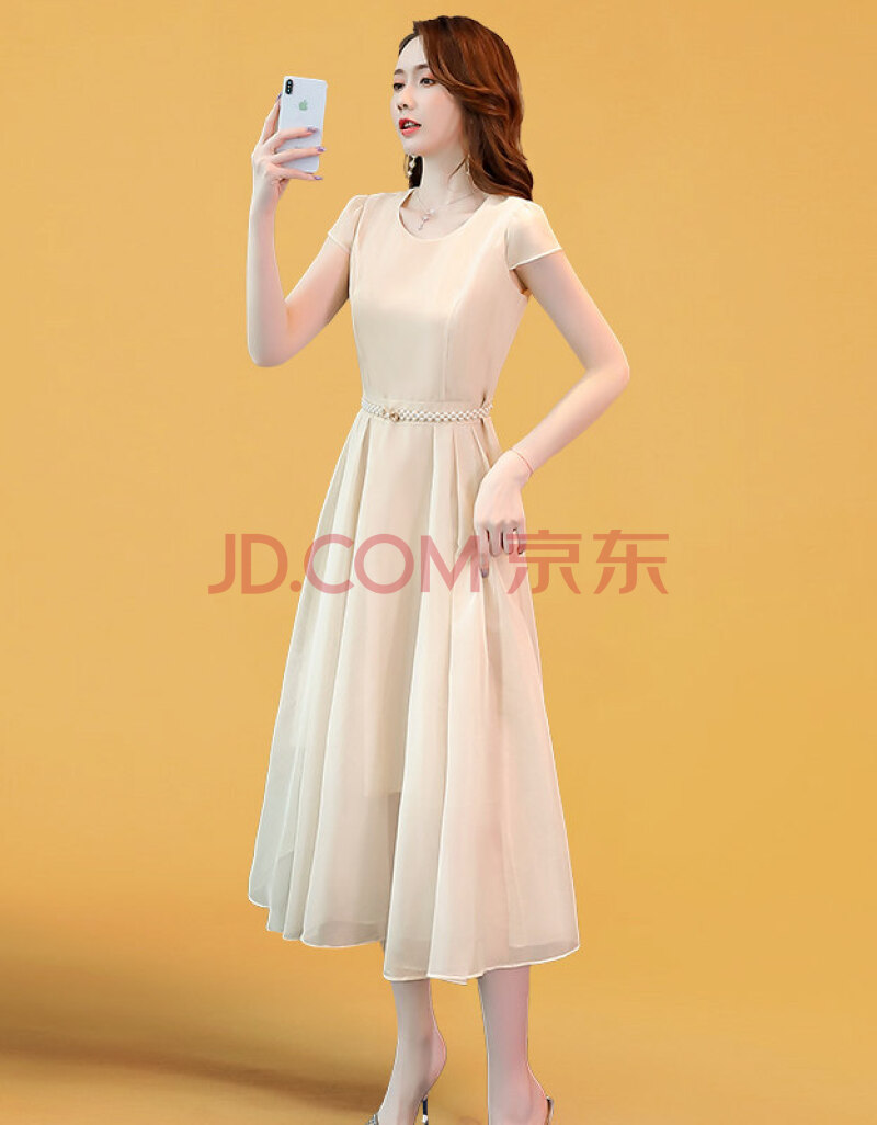 2020~2021年流行裙子,2021年流行裙子 今年流行裙子2021年新款女装中长款气质短袖夏装连衣裙潮 米色(cpyy