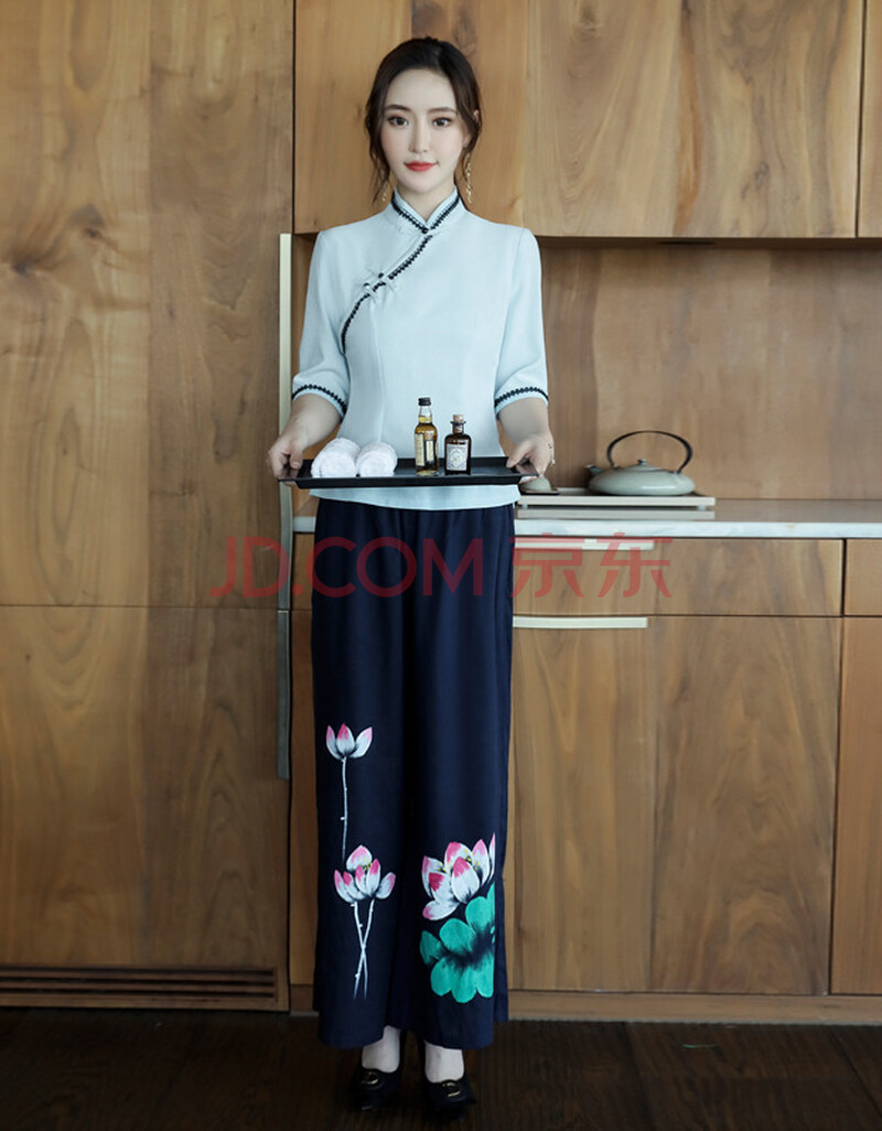 按摩师工作服桑拿足疗技师复古民族工作服长裤空姐制服美容会所中袖