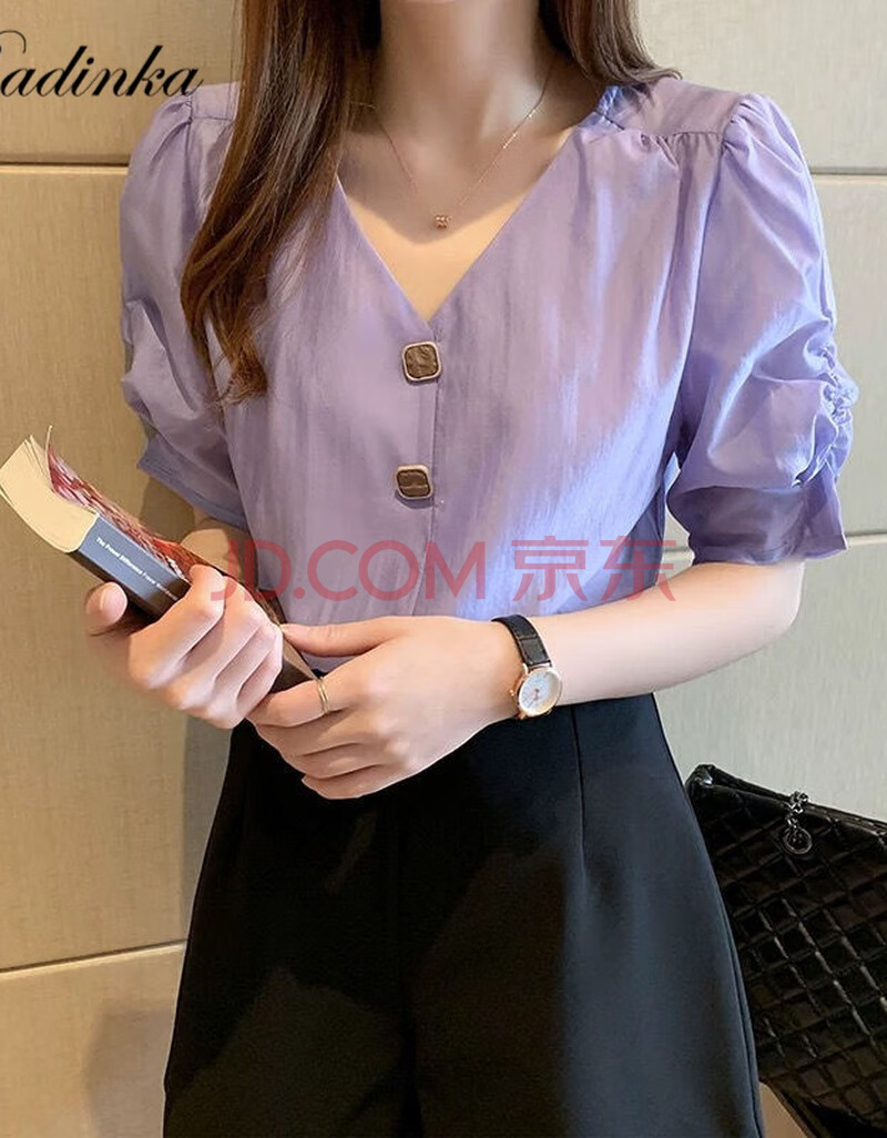 radinka2021夏上新雪纺衫女短袖衬衫宽松v领紫色泡泡袖上衣洋气小衫