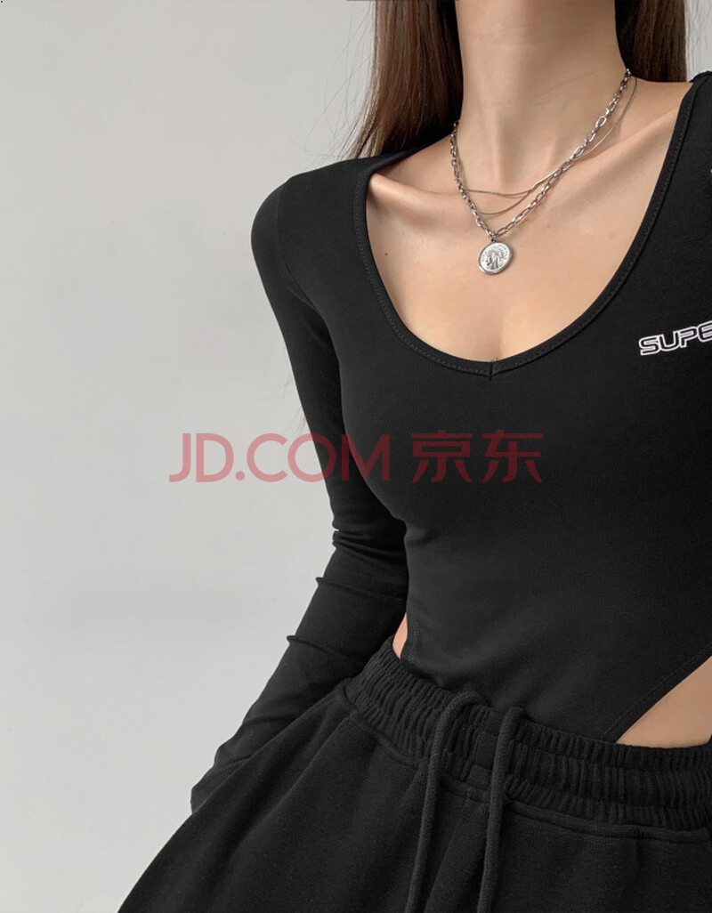 nannan定制连裆t恤高叉弹力连体衣女字母印花显瘦长袖上衣款装黑色s