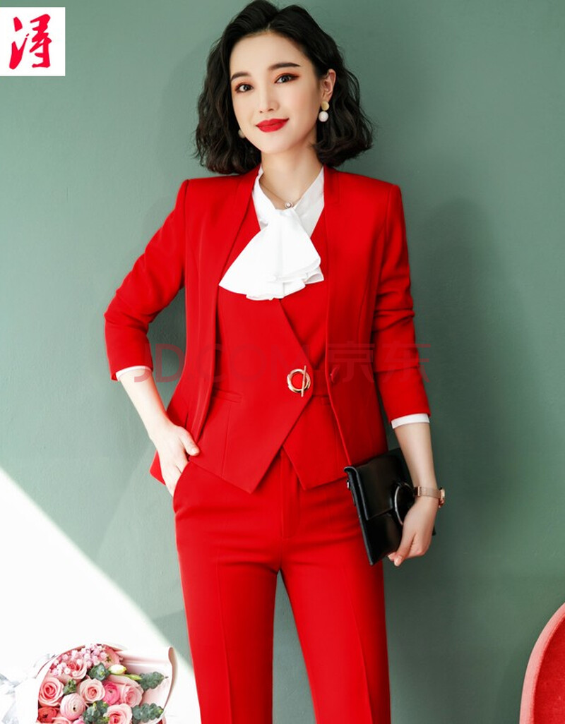 烟浔红色西装套装女秋冬时尚气质职业装正装西服三件套装美容师工装