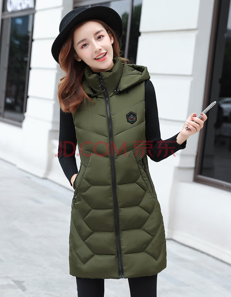 中长款羽绒棉马甲女2019秋冬新款修身可脱卸帽棉服马夹反季促销价 军