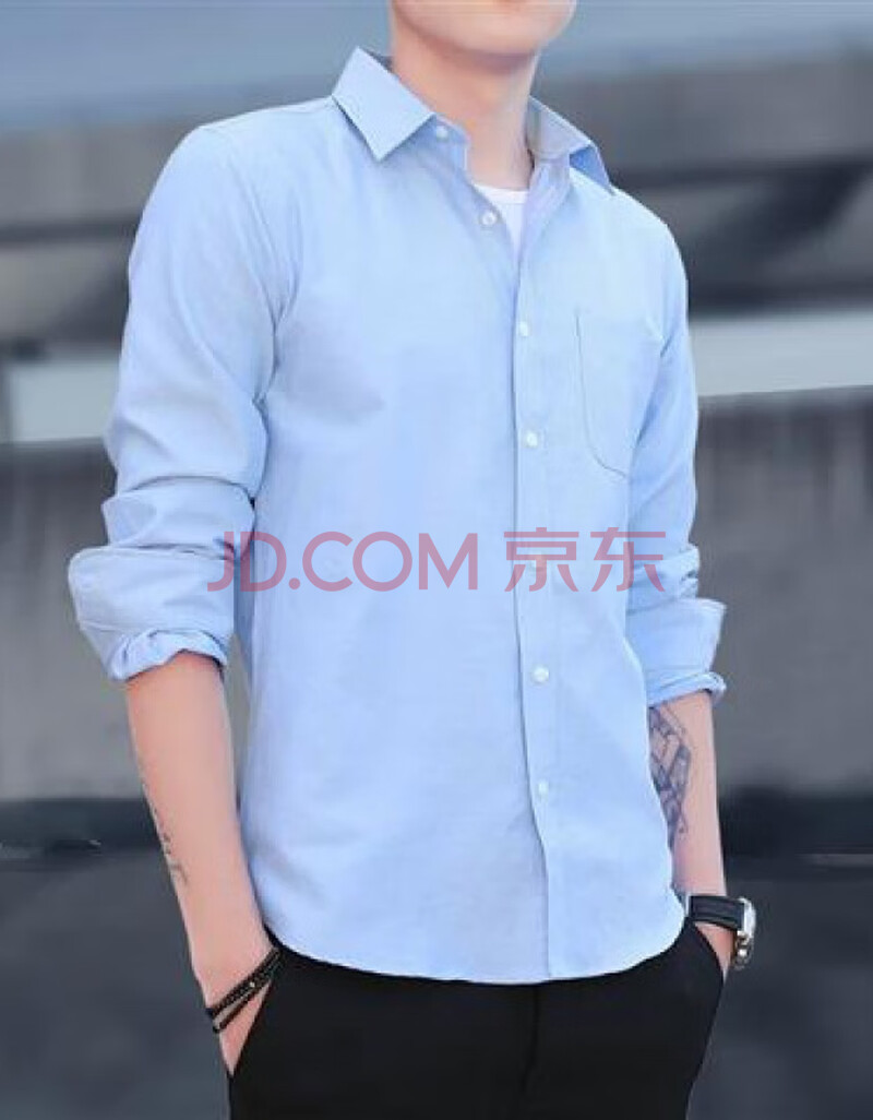 衬衫男长袖韩版潮流休闲衬衣男士秋装上衣外套寸 961牛浅蓝色【薄款】
