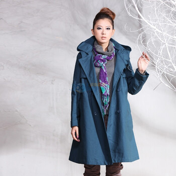 茵曼2010秋冬女装韩版大码加厚纯棉连帽长款风衣外套W3932 兰色M