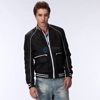 【简时尚品男款白色嵌条丝光运动夹克开衫黑色外套】