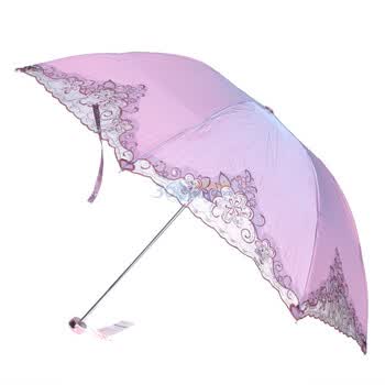 天堂花之心雨防紫外线三折绣花钢伞386E红莲色