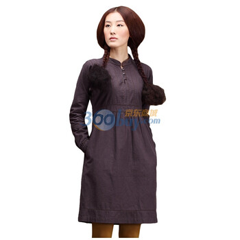 茵曼 INMAN 2011秋装新款收腰显瘦麻棉半门襟小立领连衣裙 OP50075 紫色 XL