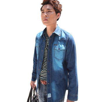 [五一风暴]MIX2 2012新款春装牛仔衬衫男士长袖韩版修身牛仔衬衣 L13C05D1 蓝色 XXL