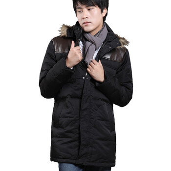 诠渡良品trenduality 2011冬季小牛皮拼贴男士长厚款羽绒服#TD085 黑色 XXL