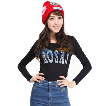 RosasMode字母印花基本款百搭长袖T恤打底衫R1511312 黑色 M